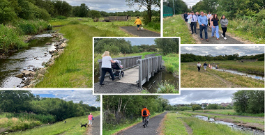 Local Community enjoing the new river and greenspace following restoration works